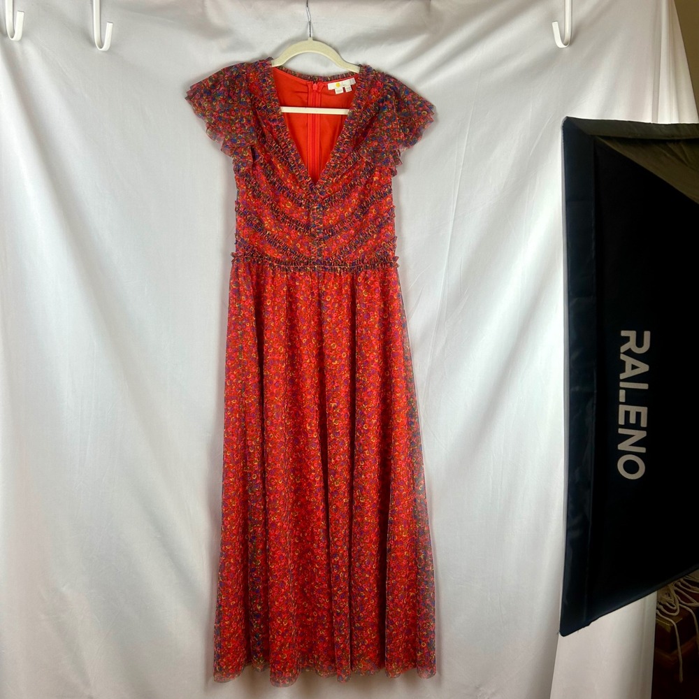 Boden Red Floral Tulle Maxi Dress Ruffle V-Neck Flutter Sleeve US 6 Party Event - Picture 2 of 8